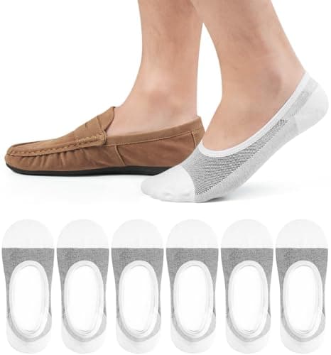 Image of Caldodo Mens Invisible No Show Socks 6-8, Low Cut Non Slip Trainer Socks Hidden Liner Loafer Socks, 6 Pairs, White