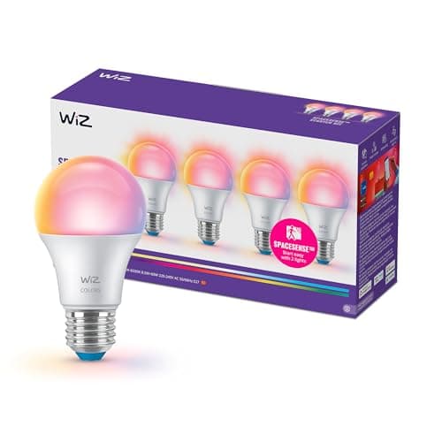 Image of WiZ Smart LED A60 Bulb, Full Color and Tunable White, E27 Base, 60W Equivalent, 2200-6500K, 806 Lumens, Dimmable, Works with Alexa, Google Assistant, and Apple Home, 4 Pack