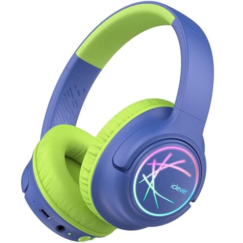 Image of iClever Kids Bluetooth Headphones with LED Lights, BTH18 Safe Volume 74/85dBA, 43H Playtime, Bluetooth5.3 Kids Headphones Wireless Aux Cord for iPad/Tablet/Travel/School, Blue/Green