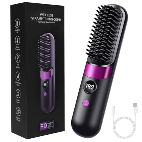 Image of LOPHE Hair Straightener Brush,Cordless Portable Electric Hair Straightening Brush with LED Displa- 4 Adjustable Temperatures 140℃-199℃, 3D Anti-Scald Teeth, Perfect for Travel & Home Use