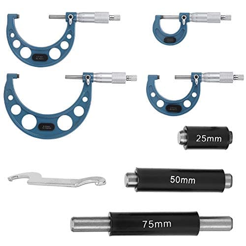 Image of 4 - Piece Micrometer Set 0-100mm | Bearing Steel High Accuracy Outside Diameter Measurement Tool | Calibration Rod & Wrench Included
