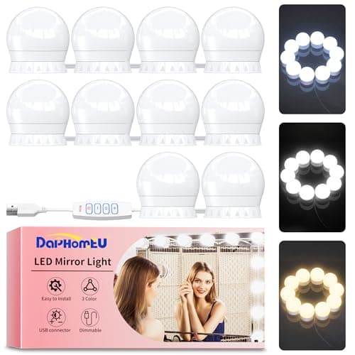 Image of daphomeu Mirror Lights 10 Bulbs, Hollywood Mirror Light Kit, Vanity Lights Perfectly Hidden Cables, 3 Colors and 10 Intensities, USB Make up Lamp for Dressing Table, Bathroom, Bedroom