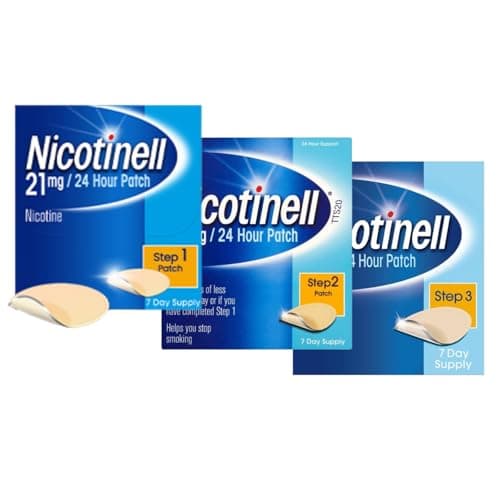 Image of Nicotinell Nicotine Patch, Effective & Discreet Quit Smoking Aid, Step 1, 2 & 3 Multi - Pack. 1 x Step 1, 21mg 21 Day Supply, 1 x Step 2, 14mg, 7 Day Supply. 1 x Step 3, 7mg, 7 Day Supply