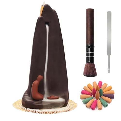 Image of RAYNEAY Waterfall Landscape Backflow Incense Burner with 20PCS Cones, Zen Ceramic Smoke Waterfall Incense Cones Holder for Relaxation Meditation, Including Tweezers, Cleaning Brush, Incense Burner Mat