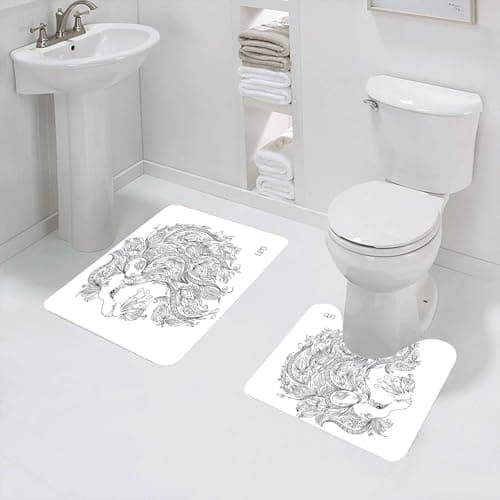 Image of QRFASFZO 2 piece bath mat set Non-sliding bathroom cushion water absorption bathtub machine washable carpet toilet floor,Zodiac,Visage of Zodiac Leo with Flowers on Hair King of Forest Horoscope The