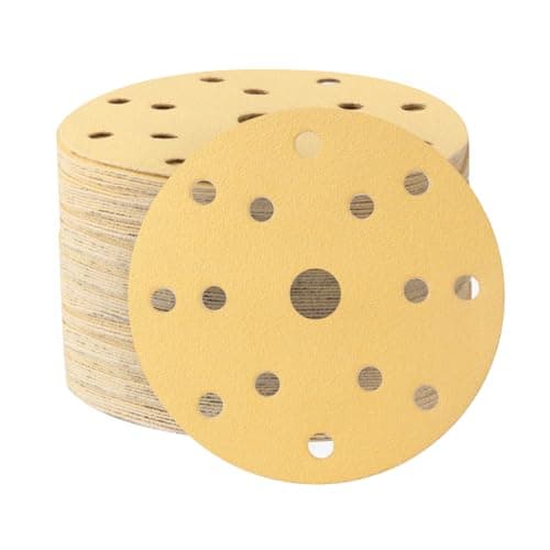 Image of 150mm Sanding Discs,6 Inch 15 Hole Sanding Discs,Hook and Loop 60 Grits Gold Sandpaper, 50PCS Round Ceramic Sand Paper Discs for Random Orbit Sander