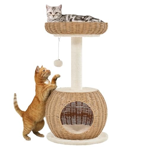 Image of Yaheetech Cat Tree, 75cm Rattan Cat Tower with Luxury Rattan Weaving Cat Condo, Large Top Perch with Replaceable Cushion, Cat Scratching Post for Indoor Kitten, Beige