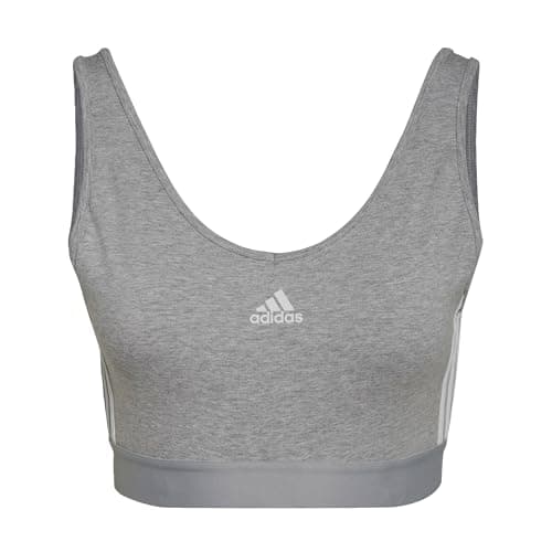Image of adidas Women's Essentials 3-Stripes Crop Top With Removable Pads, Medium Grey Heather / White, S