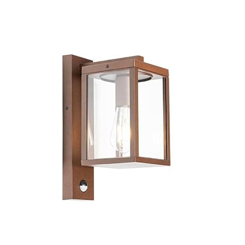 Image of Qazqa - Outdoor Wall Lantern Rust Brown with Motion Sensor IP44 - Charlois Garden- - Industrial - Suitable for LED E27 | 1 Light - Aluminium Security Light - Suitable for