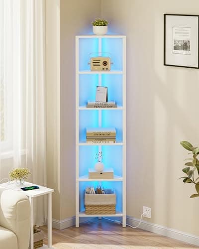 Image of TUTOTAK Corner Bookshelf with LED Light, 6-Tier Corner Shelf for Small Space, Narrow Display Corner Shelf Stand with Storage Rack, for Living Room, bedroom, Pure White V1BS05BW006LEU