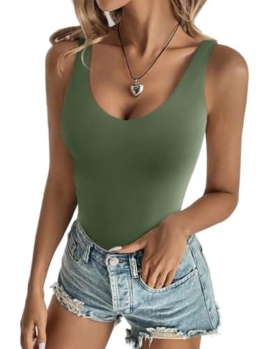 Image of REORIA Womens Bodysuits Sexy Deep V Neck Backless Sleeveless Double Lined Slim Tank Thong Body Suits Summer Going Out Tops Concert Outfits Fashion Trendy Dark Green Small