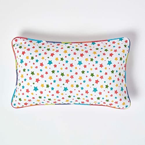 Image of HOMESCAPES - 100% Cotton - Stars - Cushion Cover - 30 x 50 cm Rectangular - 12 x 20 Inches - Multi Colour Orange Red Blue Yellow - 100% Cotton Sofa Pillow Cushion Cover - Washable