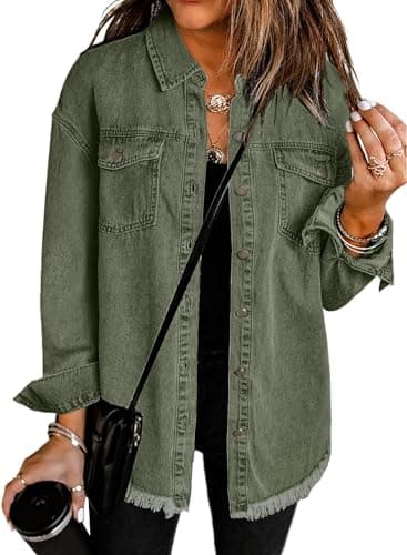Image of Dokotoo Denim Jackets for Women Long Sleeve Shirts Button Down Women's Coats Distressed Boyfriend Ladies Jeansjacke Single-Breasted Oversized Womens Shacket Jean Jacket Green XL