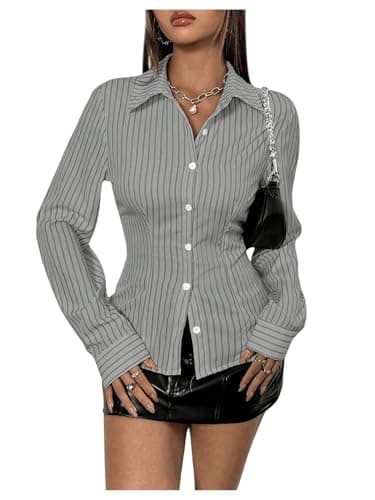 Image of GORGLITTER Women's Striped Button Down Collared Blouses Long Sleeve Slim Fit Casual Shirts Dark Grey Large