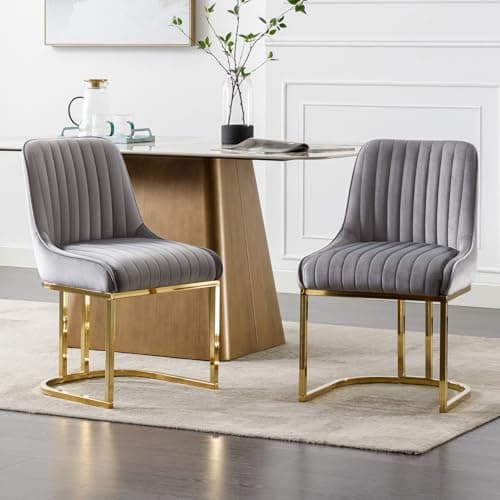 Image of Ya-Home Velvet Dining Chairs Set of 2 Kitchen Side Chairs with Golden Metal Frame for Dining Room/Kitchen, Grey