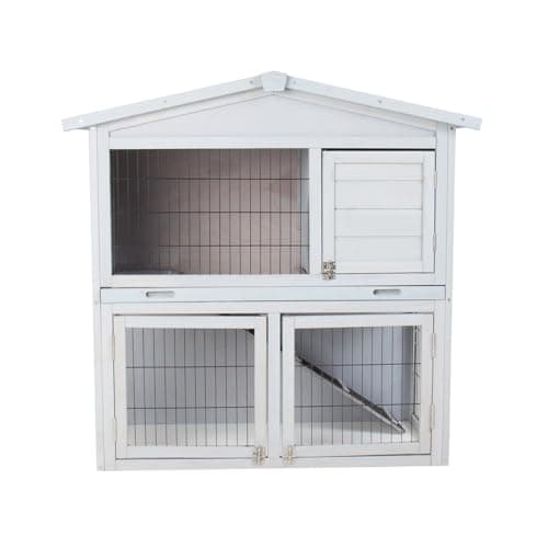 Image of CHARLES BENTLEY FSC Wooden, Two Storey Pet Hutch, With Play Area, Grey, Wood, Ramp, Three Openings, Bolt Type Locks, Black Mesh, Waterproof, Sloped Roof, Separate Sleeping Area (101x100x54cm)