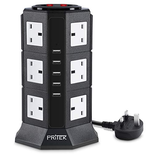 Image of Extension Lead, PRITEK 12 Outlets Extension Socket 10A/2500W 1000J Surge Protector Tower Power Strip with 6.5ft Extension Cord 5V/4.5A Smart USB Charging Ports Suit for Cellphone Tablet and more