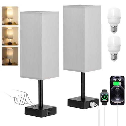 Image of Aooshine Grey Bedside Lamps Set of 2, 3-Way Dimmable Table Lamp with USB-C+A Charging Ports,Lamps for Bedroom with Grey Linen Fabric Shade(Bulbs Included)