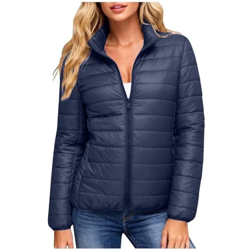 Image of ladies coats Womens Coats UK Winter Puffer Jackets Lightweight Waterproof Padded Down Jacket Zipper Stand Collar Quilted Coat Warm Sport Outerwear Outfits with Pockets Navy XXL
