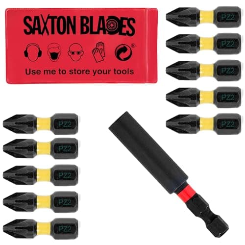 Image of Saxton 10 x PZ2-25mm Impact Duty Pozi-Drive Screwdriver Drill Driver Bits Set + Magnetic Bit Holder Compatible with Dewalt Milwaukee Bosch