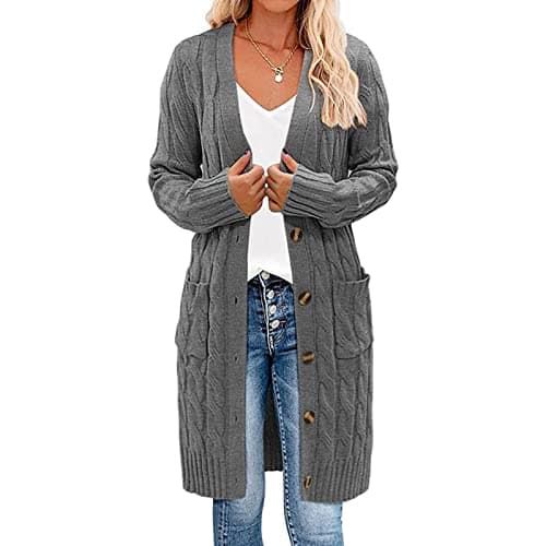Image of Earnmore Womens Long Sleeve Cable Knit Long Cardigan Open Front Button Sweater Outerwear, Dark Grey,