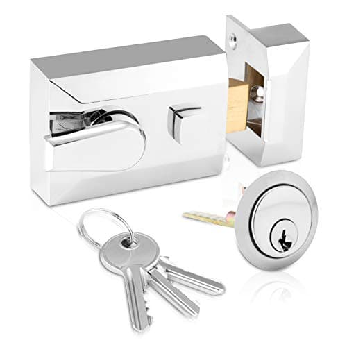 Image of XFORT® Standard Deadlocking Night Latch 60mm, Complete with Rim Cylinder and 3 Keys, Elegant Polished Chrome Nightlatch, External Door Lock for Front Door, High Security for Your Home or Workplace
