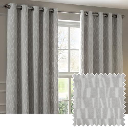 Image of Paoletti Manhattan Room Darkening Eyelet Curtain Pair – Elegant Velvet Geometric Textured Lined Ring Top Drapes (Silver - 168x229cm)