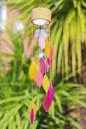Image of Pink Glass Wind Chime Recycled Glass and Bamboo Driftwood Garden Chime Hanging Outdoors Indoors Multicoloured Fairtrade Eco Friendly Handmade