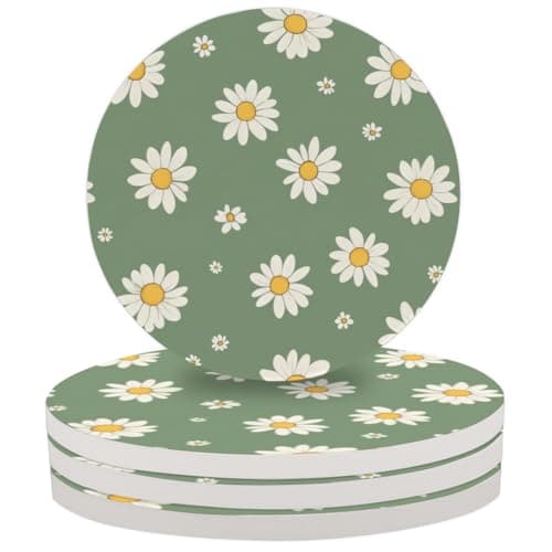 Image of Mintoprints White Daisy Coasters Set of 6, Absorbent Ceramic Coasters for Drinks, Coffee Table Decor, House Warming, 4 Inches