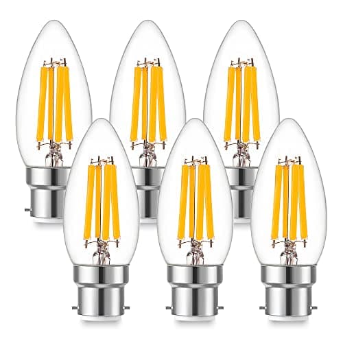 Image of Genixgreen B22 Bayonet Cap Candle Bulbs ,6.5W C35 B22 Dimmable LED Filament Candle Light Bulbs, 60-80W Equivalent Warm White 2700K , 806LM,Decorative Light Bulbs Retro Clear Glass-6 Pack