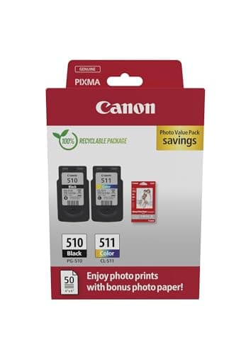 Image of Canon PG-510 / CL-511 Genuine Ink Cartridges, Pack of 2 (1 x Black, 1 x Colour), Includes 50 sheets of 4x6 Photo Paper - Security Cardboard Multipack