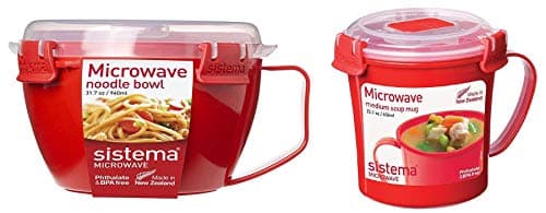 Image of Sistema to Go Microwave Healthy Noodle Bowl 940ml and Sistema Microwave Soup Mug, 656 ml Bundle - Red/Clear