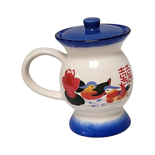 Image of Divas World Vintage Ceramic Mug with Lid Sculpted Spittoon Design Coffee Tea Mug Drinks Cup with Handle Available in Blue and Red with Lidded & Handle Water Cup (Blue Spittoon Sculpted Mug, One Size)