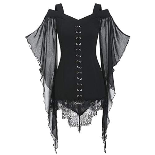 Image of Halloween Kostüm Women Gothic Lace Insert Sleeve T-Shirt Plus Size Tops (Black, XXL)