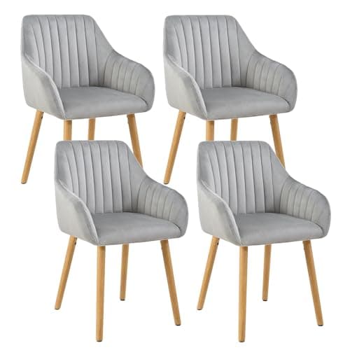 Image of Goeurvant Dining Chairs Set of 4, Modern Kitchen Chairs with Backrest & Wooden Legs, Upholstered Armchairs for Living Room, Dining Room, Lounge, Velvet Fabric, Light Grey
