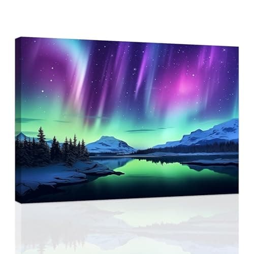 Image of CCWACPP Aurora Borealis Wall Art Canvas Northern Lights Painting Nature Prints Landscape Snow Mountain Decor for Living Room Bedroom Home Framed (A, (30.00 x 45.00 cms))