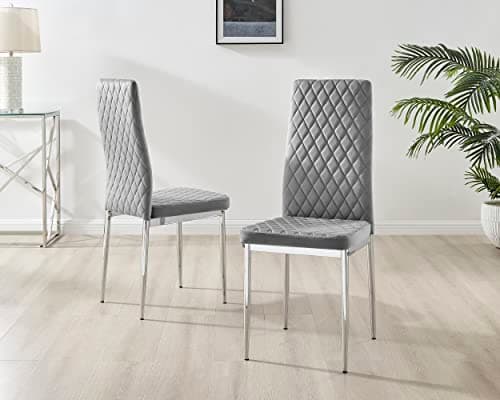 Image of Furniturebox UK Milan Dining Set - Contemporary Luxurious Chrome Hatched Diamond Velvet Dining Seats (4x Grey Velvet Silver Leg Chairs)