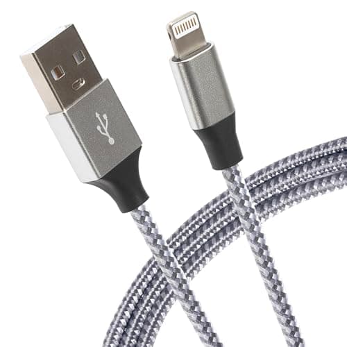 Image of Maplin Braided Fast Charging Lightning to USB-A Cable Silver, 1m, Compatible with all iPhones 14, 13, 12, 11, SE, iPad Air/Mini (2019), iPad (up to 2021 generation), Airpods (w/Lightning Case)