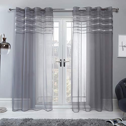 Image of Sienna Voile Net Curtains for Windows Latina Diamante Band Eyelet Ring Top Sheer Curtains for Living Room Bedroom Soft Luxury Charcoal Grey Net Curtain 2 Panel, 55" x 87"