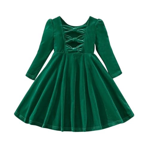 Image of JiAmy Girls Dress Long Sleeve Velvet Bowknot Back Solid Color Dresses Christmas Birthday Party Princess Fall Winter Clothes for Girl 4-5 Years Green