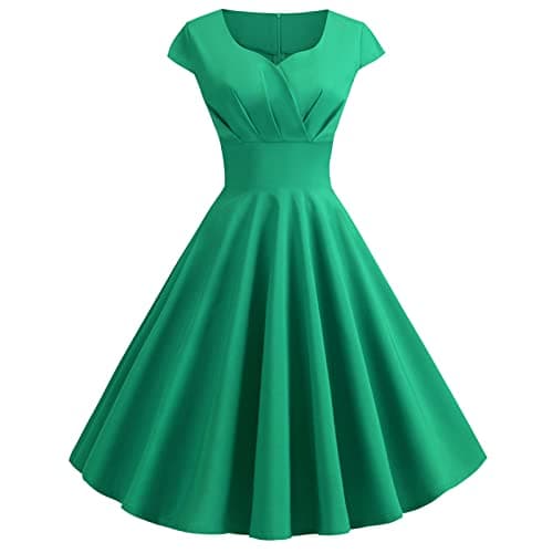 Image of Women 1950s Audrey Hepburn Tea Dress Vintage Rockabilly Dress A Line Swing Cocktail Party Dress Plain Short Sleeve Retro Dresses Swing Flowy Pleated Dance Gown Green