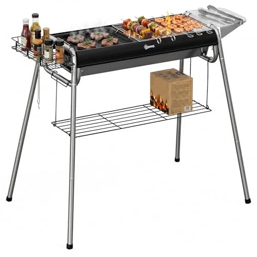 Image of Outsunny Portable Charcoal Barbecue BBQ Grill with Griddle Plate, Easy Assembly, Stainless Steel Cooker with Seasoning Baskets, Storage Shelves and Hooks for Camping Picnic Hiking Garden Party