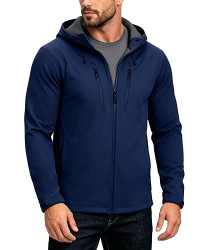 Image of 33,000ft Men's Waterproof Softshell Jackets Lightweight Fleece-Lined Running Jacket Breathable Windbreaker Casual Functional Coat with Hood for Cycling, Hiking,Golf Dark Blue L