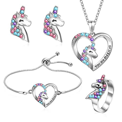 Image of Smilcloud 4 PCS Girls Jewelry Set Unicorn Mermaid Necklace Bracelet Set and Earrings Ring with Present Box Jewelry Favors Set Birthday Gift for Little Girl Daughter Granddaughter Niece (FBWOY6163)