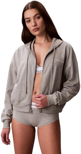 Image of Calvin Klein Women's Full Zip Sweat Hoodie LV00QS7599 Sleep Top, Grey (Grey Heather), M