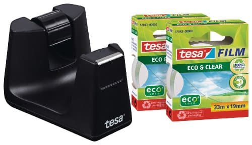 Image of tesafilm Desk Dispenser for Adhesive Tape- Black includes 2 rolls of tesafilm Eco and Clear 33 m x 19 mm 53905-00000-01