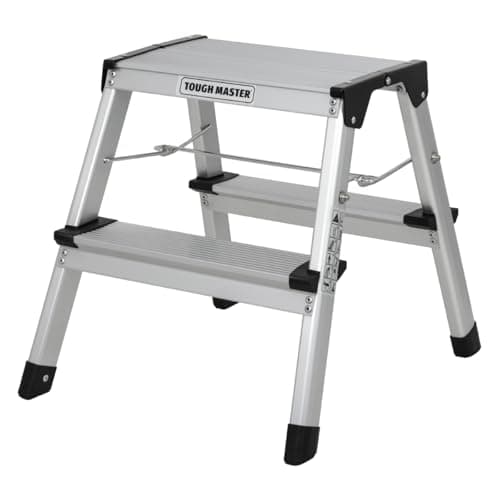 Image of Step Ladder Double-Sided Folding Step Up Stool 20 x 33.5cm Heavy Duty Hop Up Aluminium Platform 150kg Capacity Multi-Purpose DIY Indoor Outdoor Usage TOUGH MASTER (2 Steps)