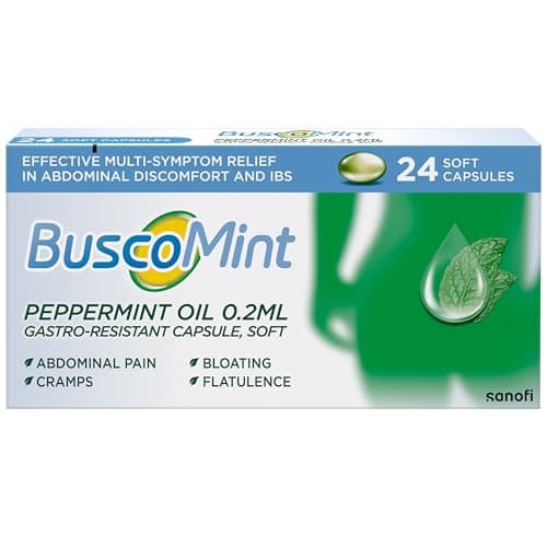 Image of Buscopan Buscomint 0.2 ml Peppermint Oil IBS Multi Symptom Treatment, Soft Gel Capsules, 24 Count (Pack of 1), 100% Natural Active Ingredient, Preservatives Free