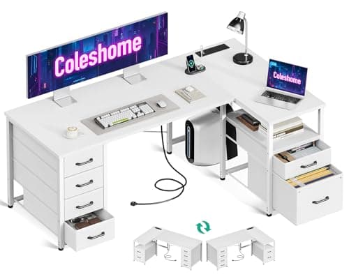 Image of Coleshome Computer Corner Desk with Drawers, 140×80 cm L Shaped Office Desk with Power Outlet, Reversible Study PC Table with Storage for Bedroom, White