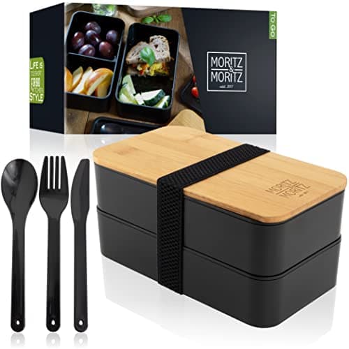 Image of Moritz & Moritz Bento Box Black - Bento lunch box for kids and adults - Lunch box with bamboo lid - ideal for work, school or travelling